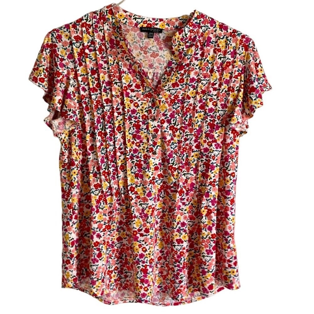 Ava & Grace Short Sleeve Quarter Button Floral Print Top Women's Petite Medium